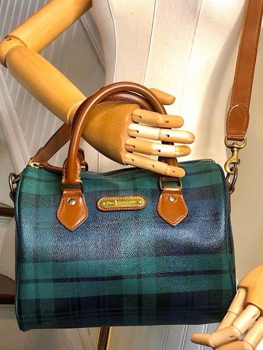 Ralph Lauren Black Watch Plaid Mini Boston Speedy Travel Crossbody Bag 25cm